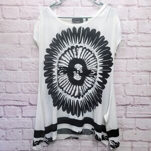 P Luca Milano Bold Boho Top Size XL Blouse Black White Floral Geometric Dramatic